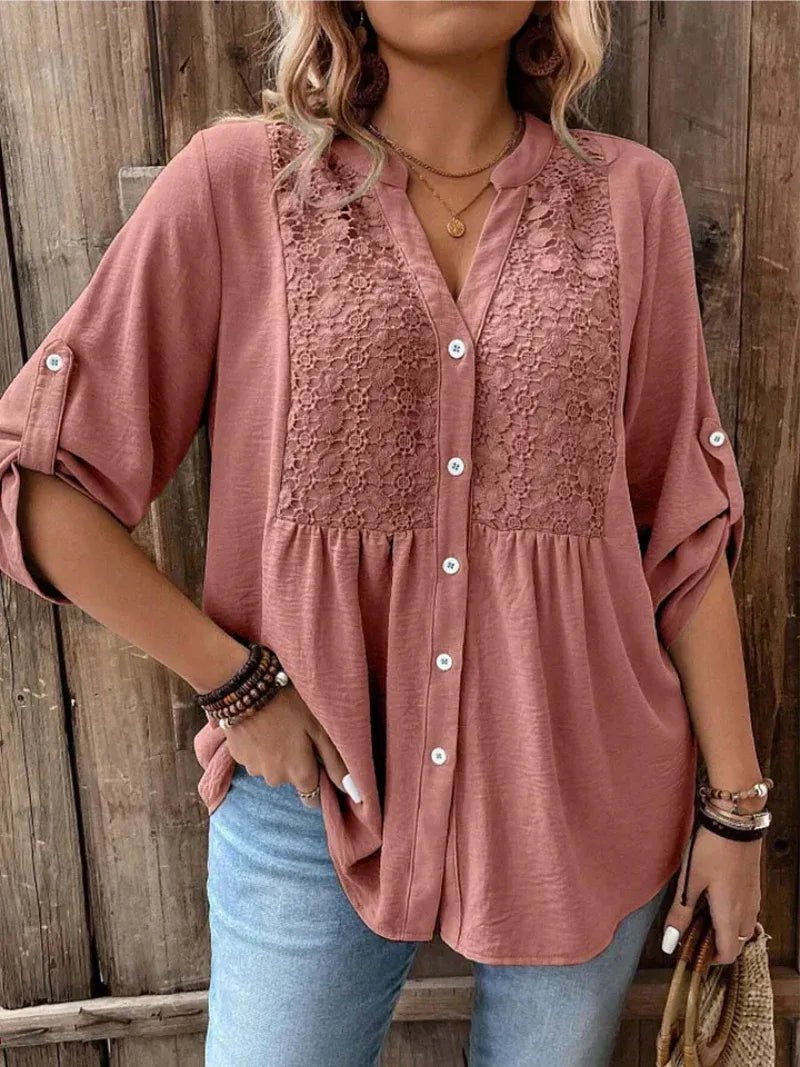 Women’s Lace Detail Button-Down Relaxed Fit Blouse