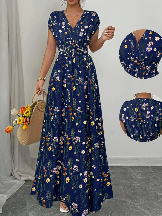 Women’s Printed Waist-Cinching V-Neck Maxi Dress