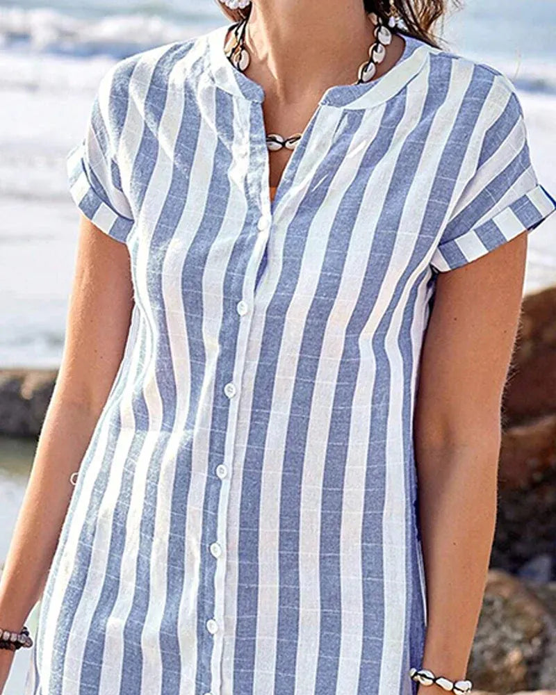 Women’s Striped Short Sleeve Button-Up Tunic Dress