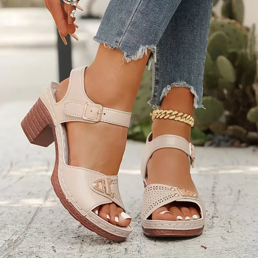 Women’s Perforated Buckle-Strap Block Heel Sandals