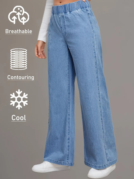 Women's High-Waisted Elastic Waist Wide-Leg Jeans