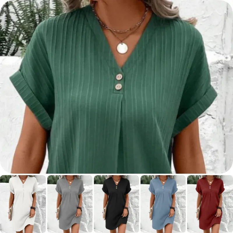 Women’s Casual V-Neck Rolled Sleeve Shift Dress