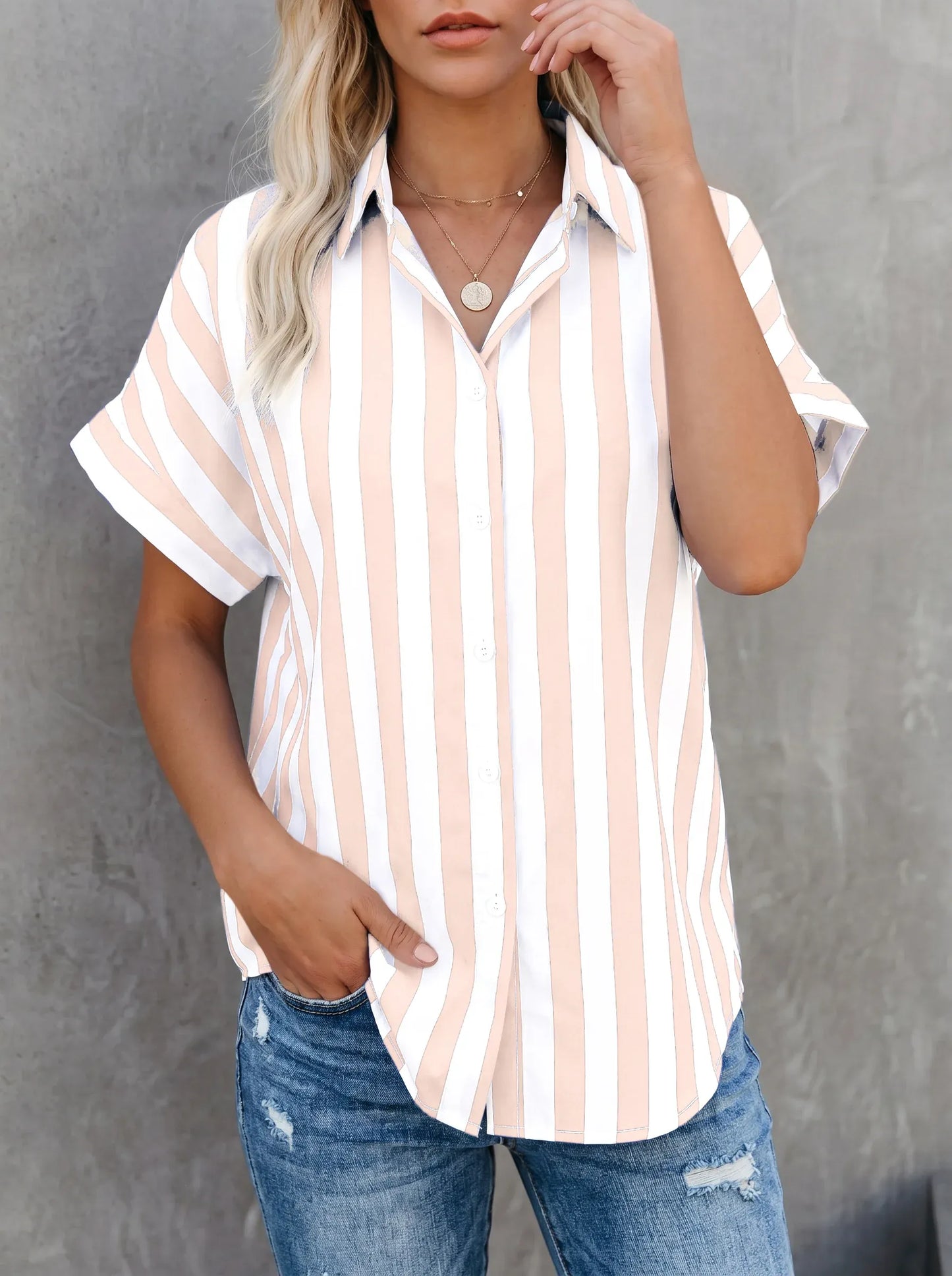 Women’s Striped Short Sleeve Button-Up Shirt