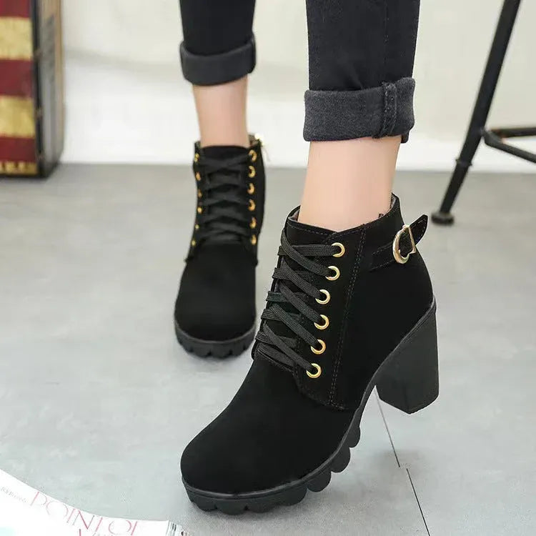 Women’s Lace-Up Buckle Block Heel Ankle Boots