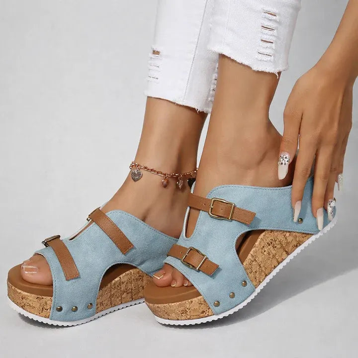 Adjustable Strap Cork Platform Slide Sandals