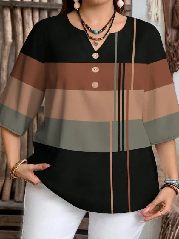 Women's Patterned V-Neck Buttoned Blouse