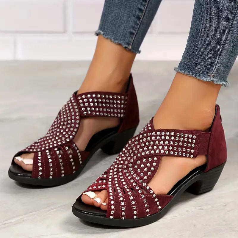 Women’s Rhinestone Cutout Open-Toe Low Heel Sandals