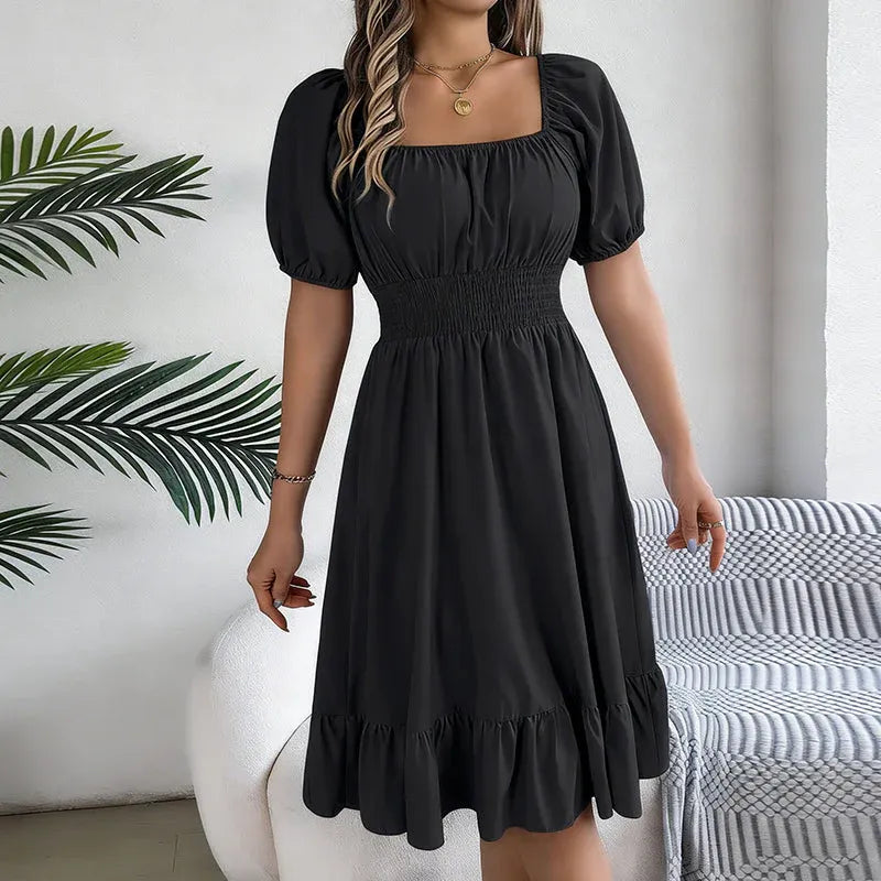 Women’s Smocked Square Neck Ruffle Hem Midi Dress