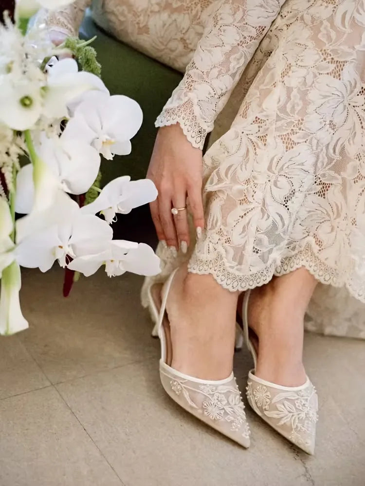 Women’s Embroidered Mesh Pointed-Toe Slingback Heels