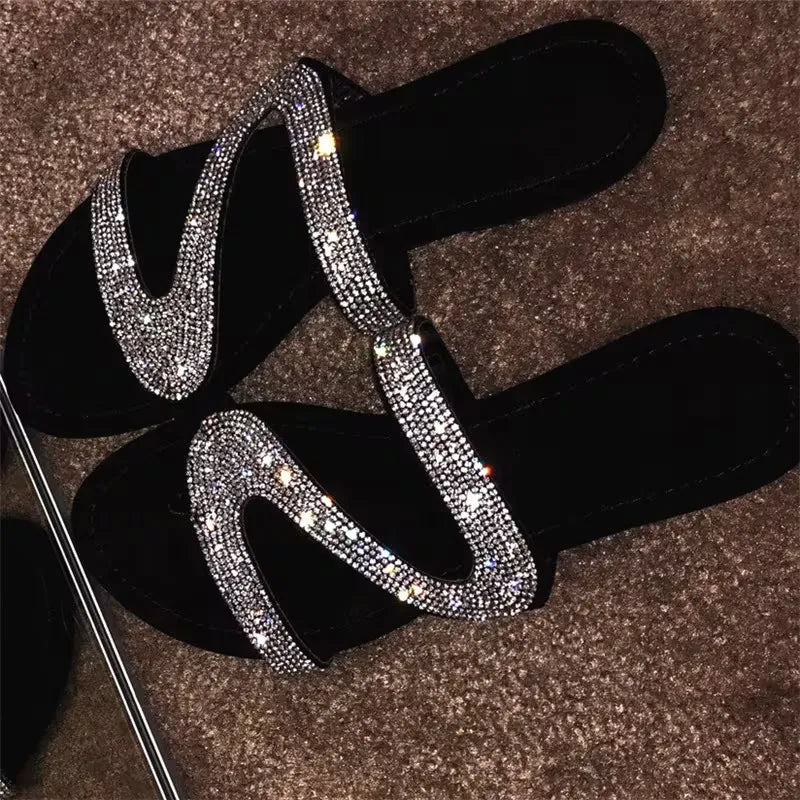 Women’s Rhinestone Wave-Strap Flat Slide Sandals