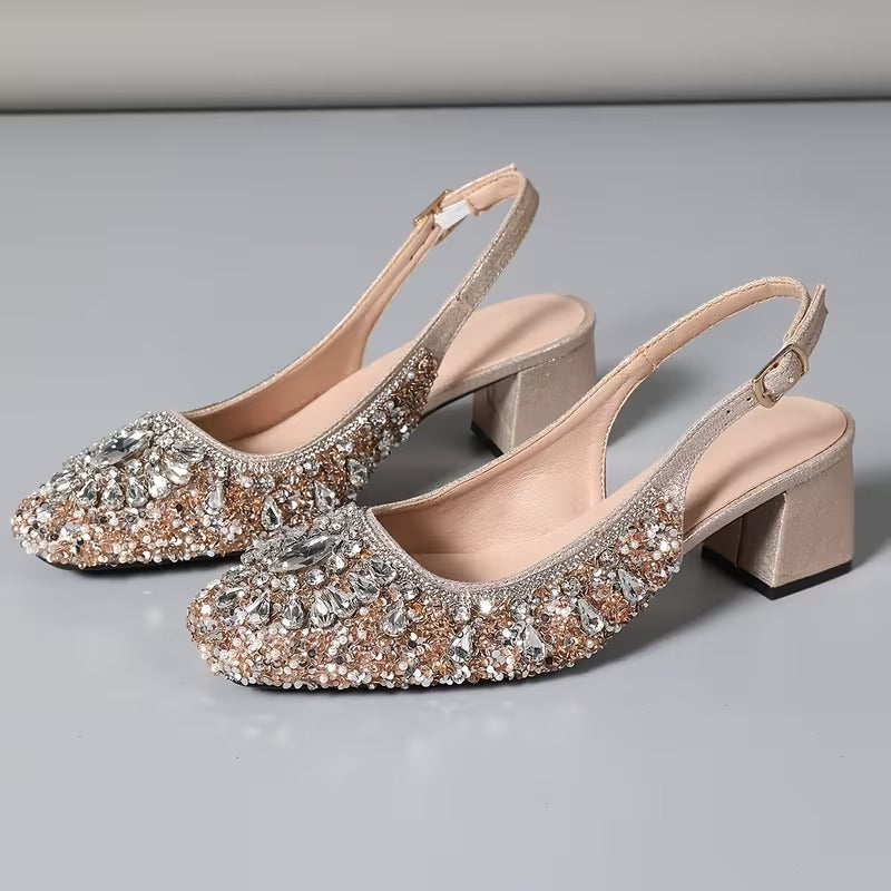 Women’s Rhinestone Slingback Block Heel Pumps