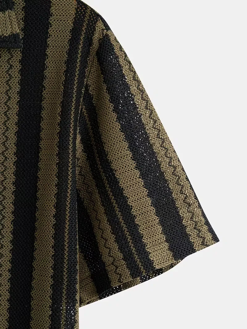 Men's Striped Button-Down Camp Collar Shirt