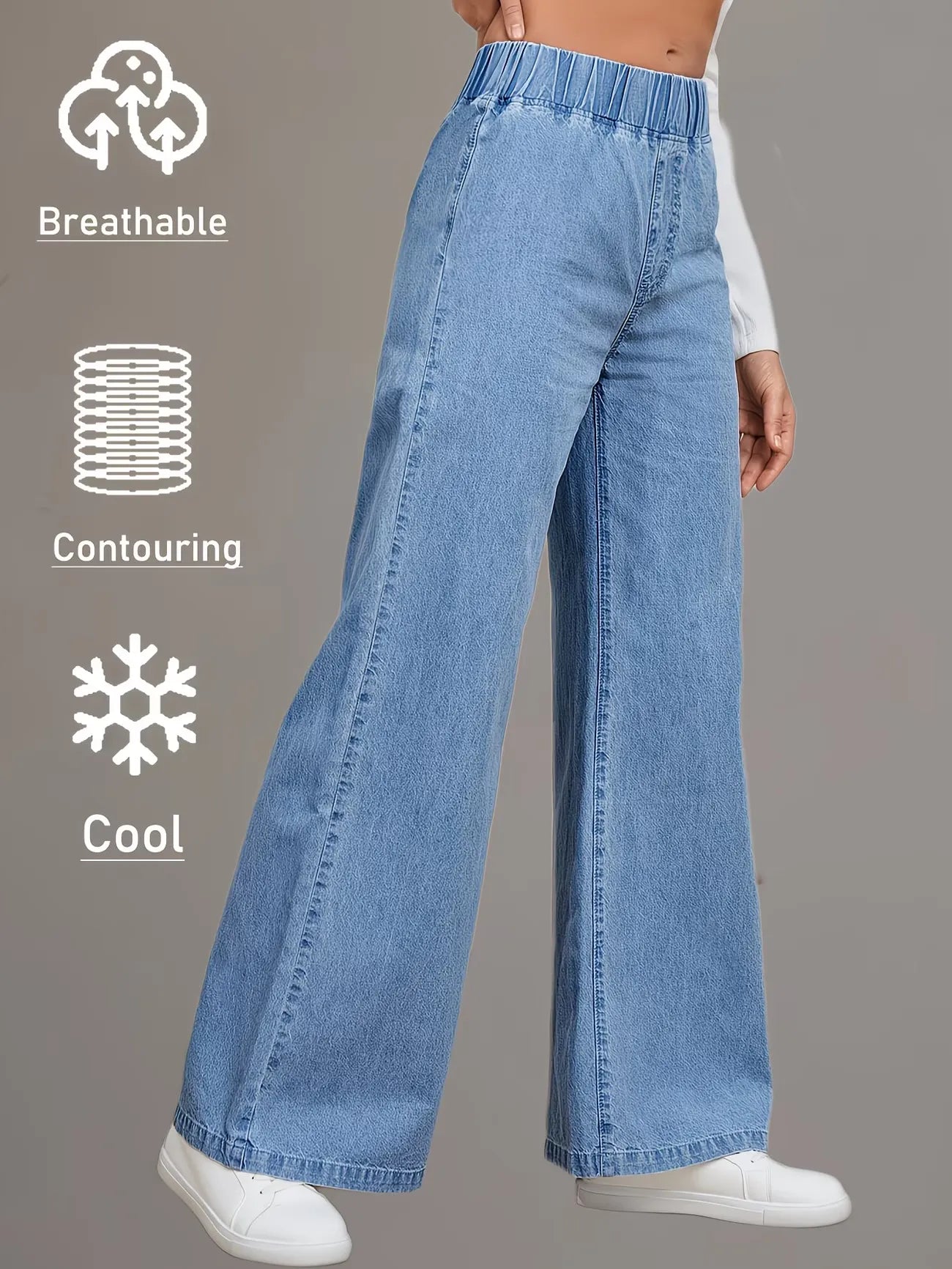 Women's High-Waisted Elastic Waist Wide-Leg Jeans