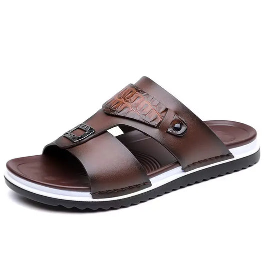 Men's Leather-Look Double Strap Slip-On Sandals