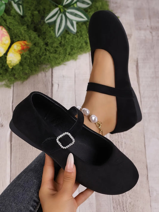 Women’s Velvet Rhinestone Buckle Mary Jane Flats