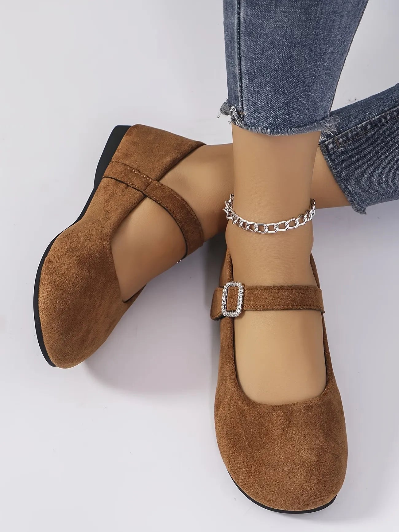 Women’s Velvet Rhinestone Buckle Mary Jane Flats