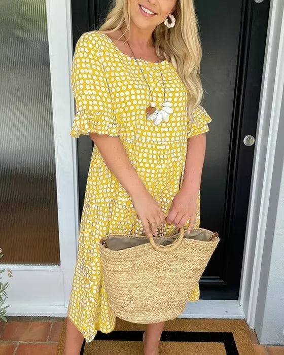 Women's Round Neck Polka Dot Midi Dress