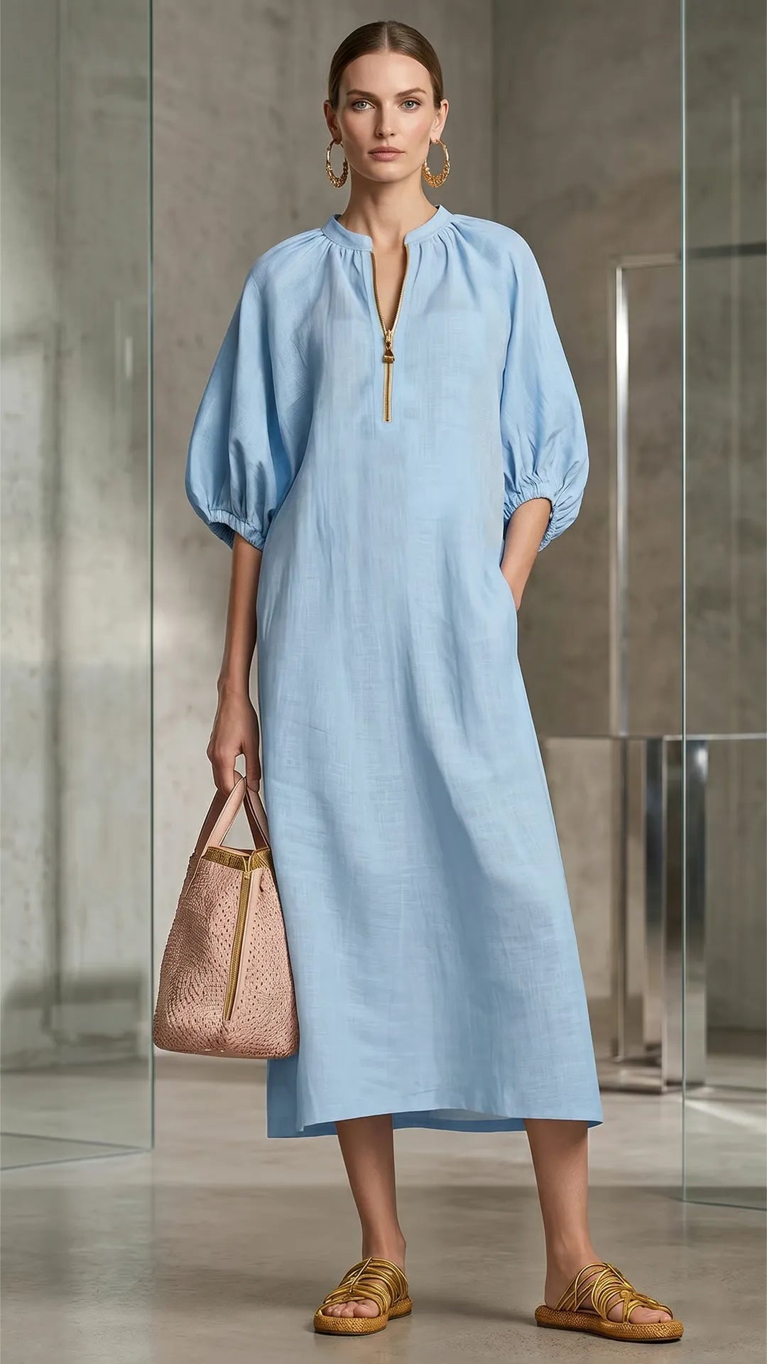 Women’s Relaxed Zip-Neck Midi Dress