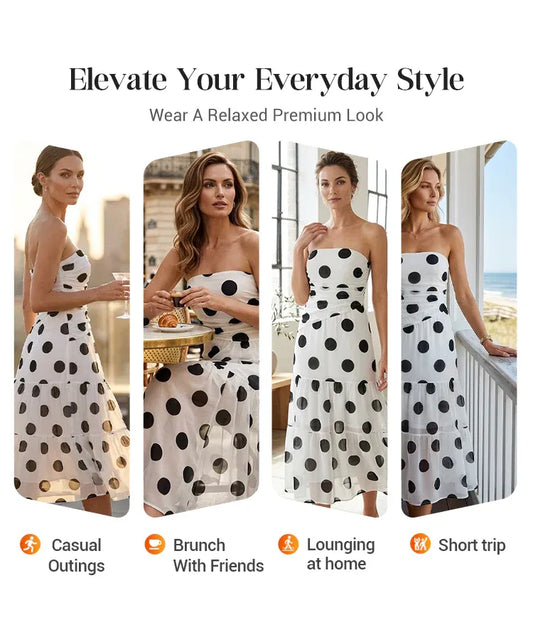 Women’s Strapless Polka Dot Tiered Midi Dress
