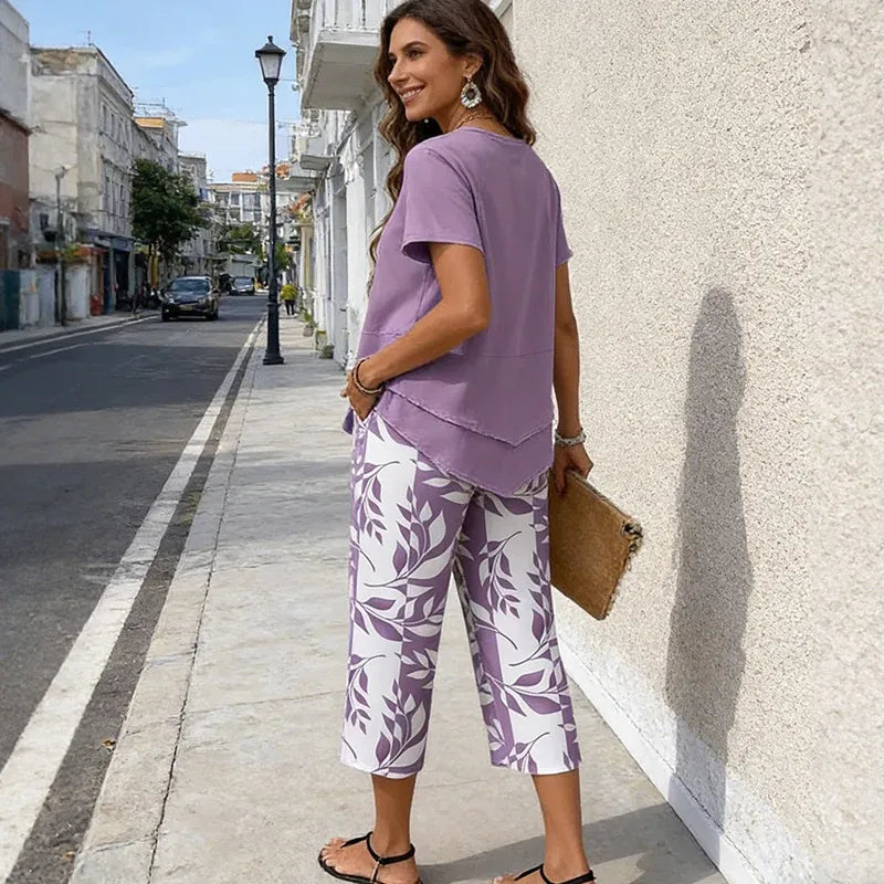 Women’s Layered Tunic Top and Printed Cropped Pants Set