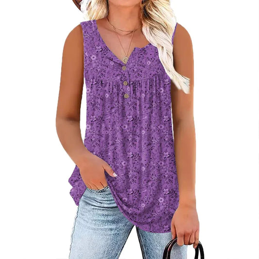 Women’s Floral Print Sleeveless Button Front Top