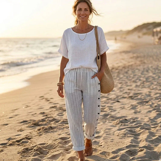 Women’s Striped Button Detail Cropped Pants