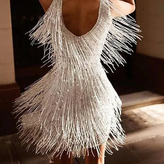 Fringe Sequin V-Neck Party Dress