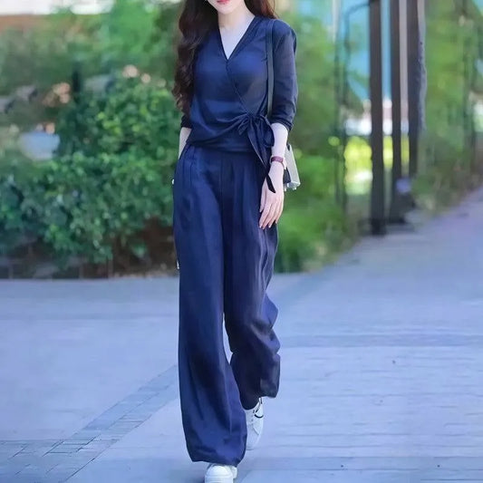 Women’s Elegant Wrap Blouse & Wide Leg Pants Set