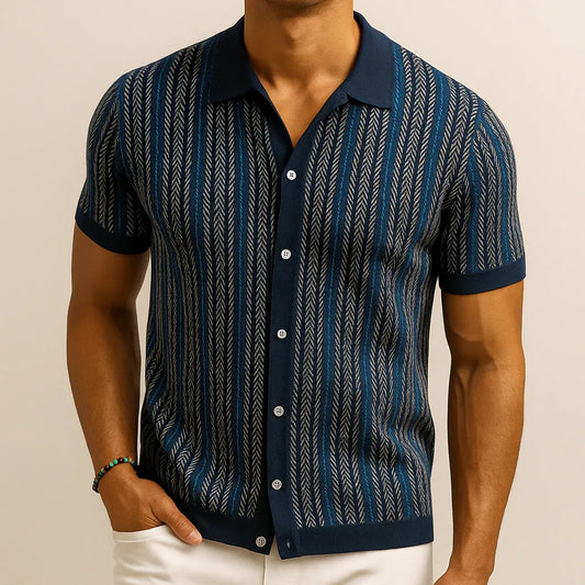 Men’s Striped Button-Front Knit Polo Shirt