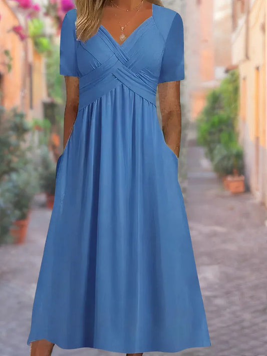 Women’s Ruched V-Neck Maxi Dress with Pockets