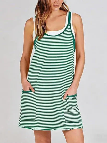 Women’s Striped Sleeveless Active Mini Dress with Built-In Shorts