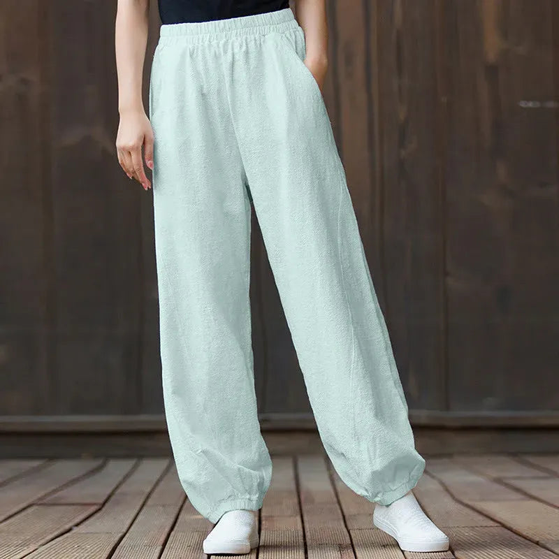 Casual Elastic Waist Cotton-Linen Pants with Pockets