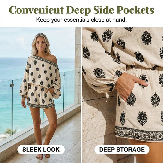 Women’s Boho Off-Shoulder Top & Shorts Set