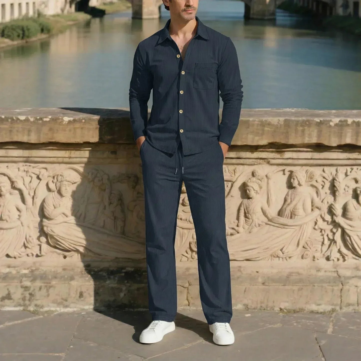 Men’s Textured Button-Up Shirt and Pants Set