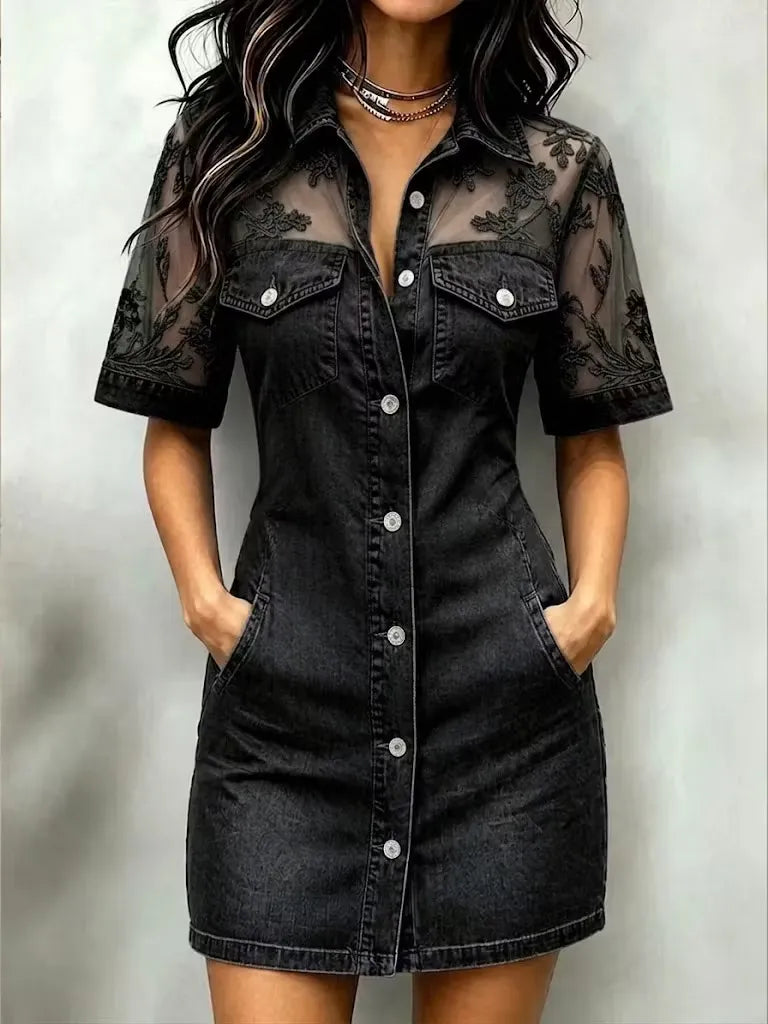 Women's Lace Mesh Denim Shirt Dress