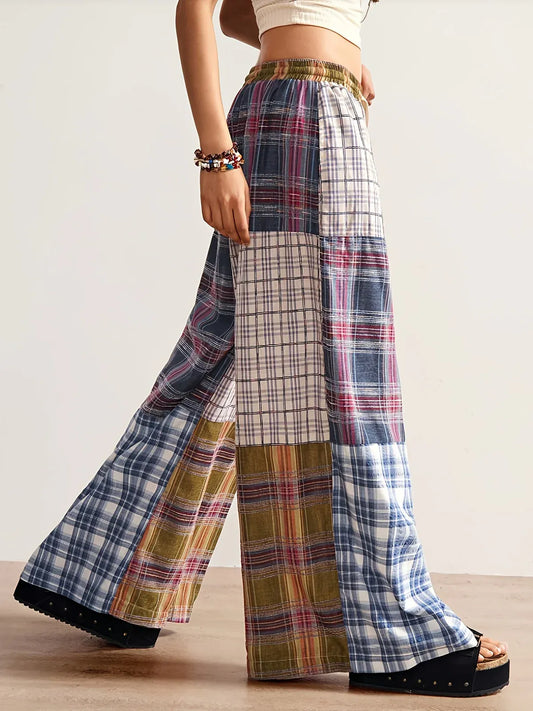 Women’s Patchwork Plaid Wide-Leg Pants