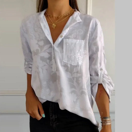 Women’s Floral Button Blouse with Roll-Up Sleeves