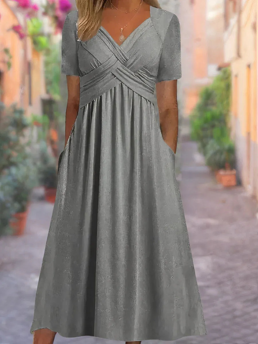 Women’s Ruched V-Neck Maxi Dress with Pockets