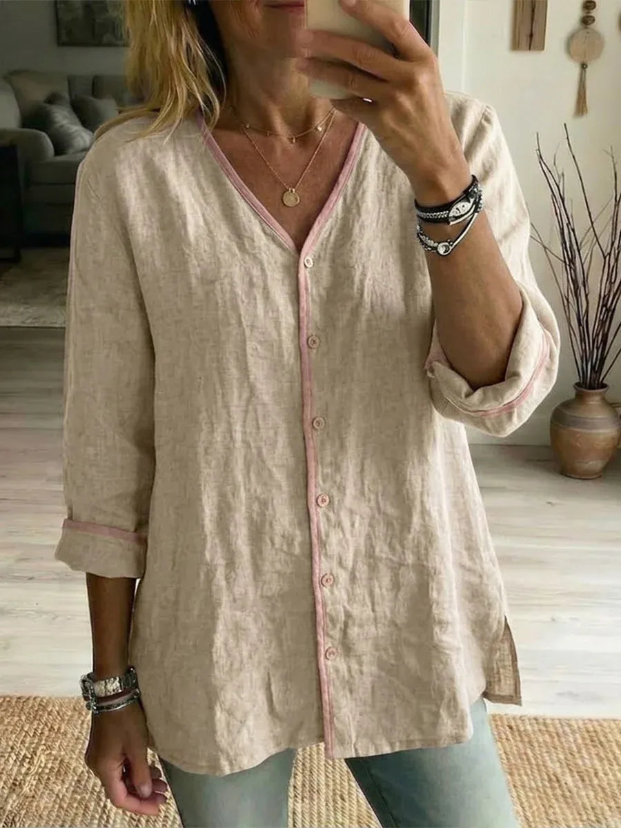 Women’s Contrast Trim Button-Up Cotton Linen Shirt