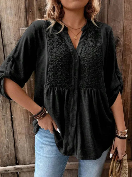 Women’s Lace Detail Button-Down Relaxed Fit Blouse