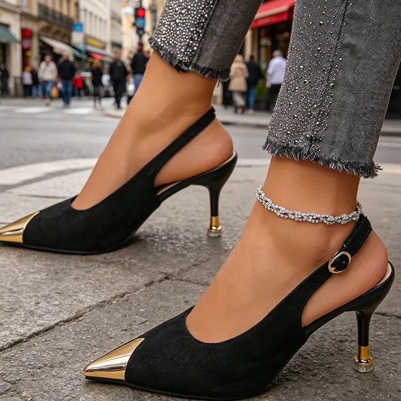 Women’s Pointed Toe Slingback Kitten Heels with Metal Cap
