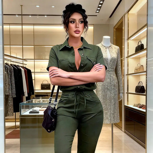 Women’s Button-Front Short-Sleeve Utility Jumpsuit