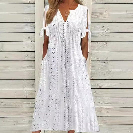 Women’s Eyelet V-Neck Tie-Sleeve Dress