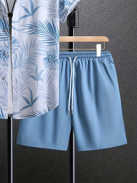 Men's Tropical Leaf Print Shirt & Drawstring Shorts Set