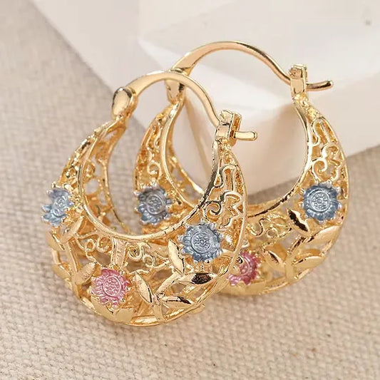 Women's Enamel Flower Crescent Hoop Earrings