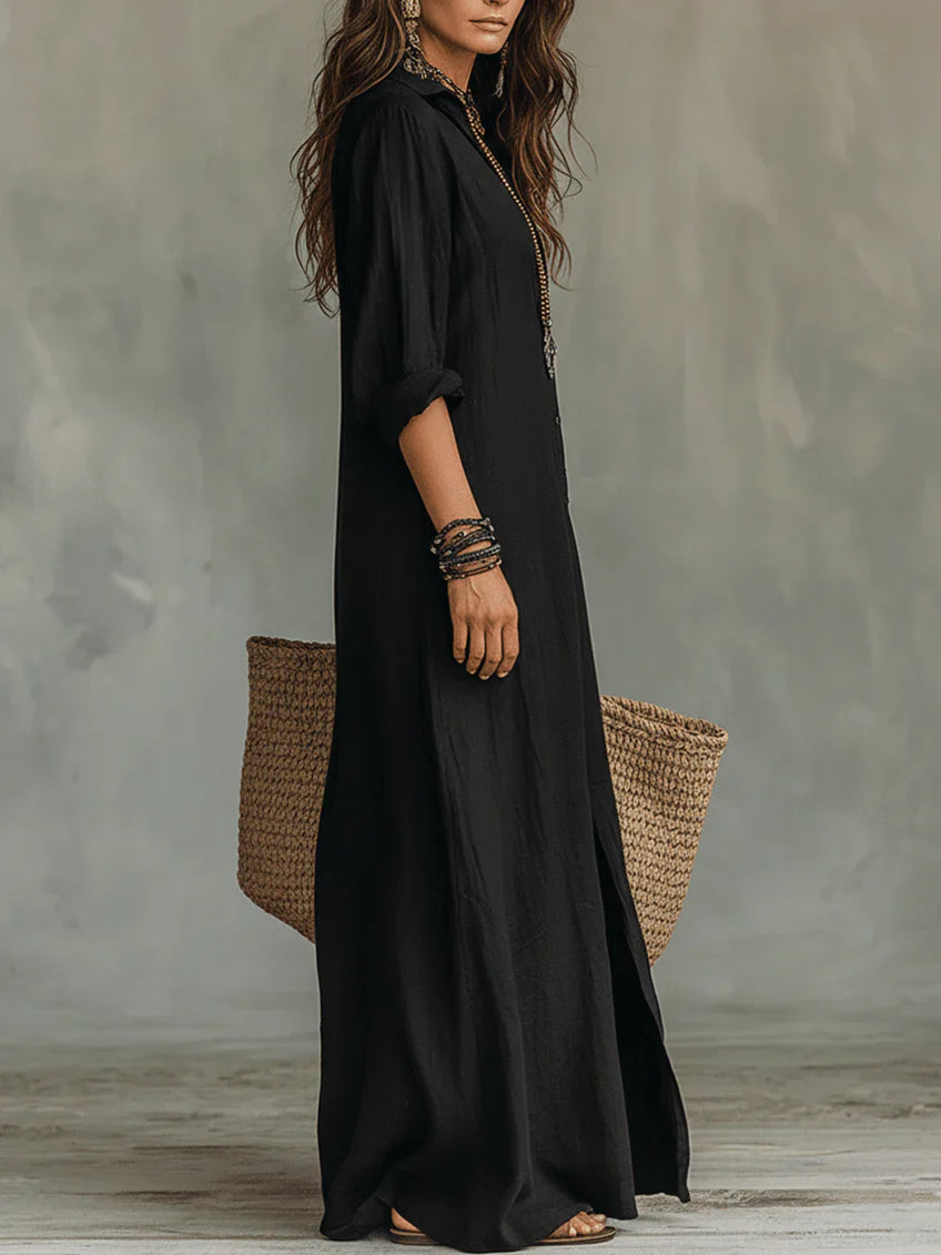 Women's Button Front Long Sleeve Maxi Shirt Dress