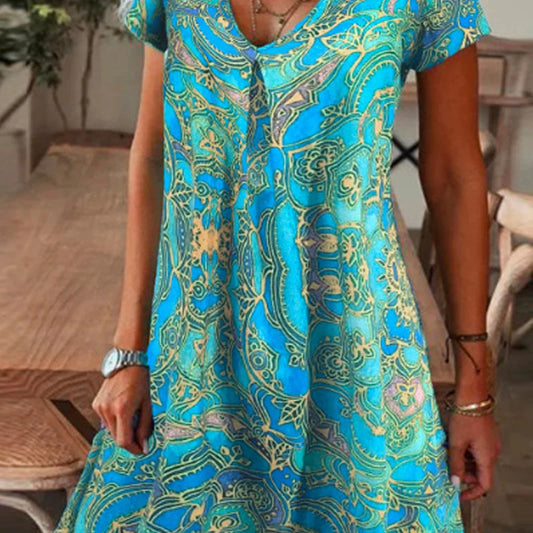Women's V-Neck Printed Short-Sleeve Dress