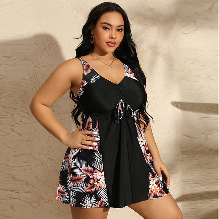 Women's Printed V-Neck Swimdress with Built-In Shorts