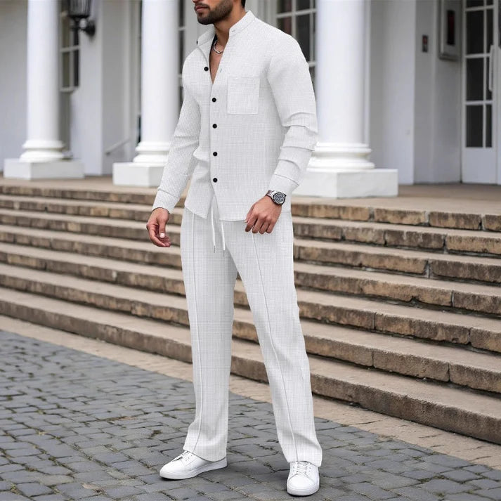 Men's Waffle Texture Button-Up Shirt and Pants Set