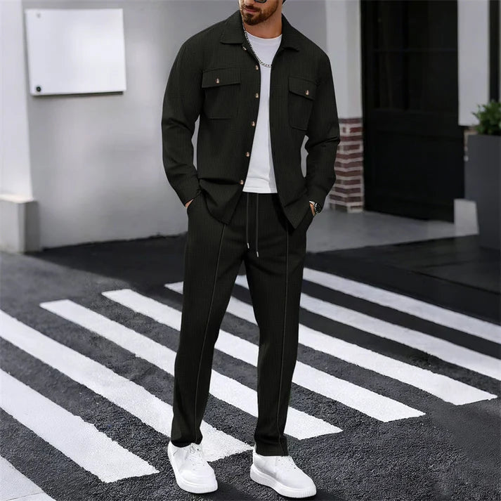 Men's Textured Button-Up Jacket and Pants Set